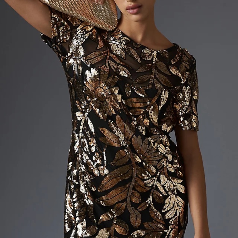 Anthropologie Black and Gold Floral Mini Dress